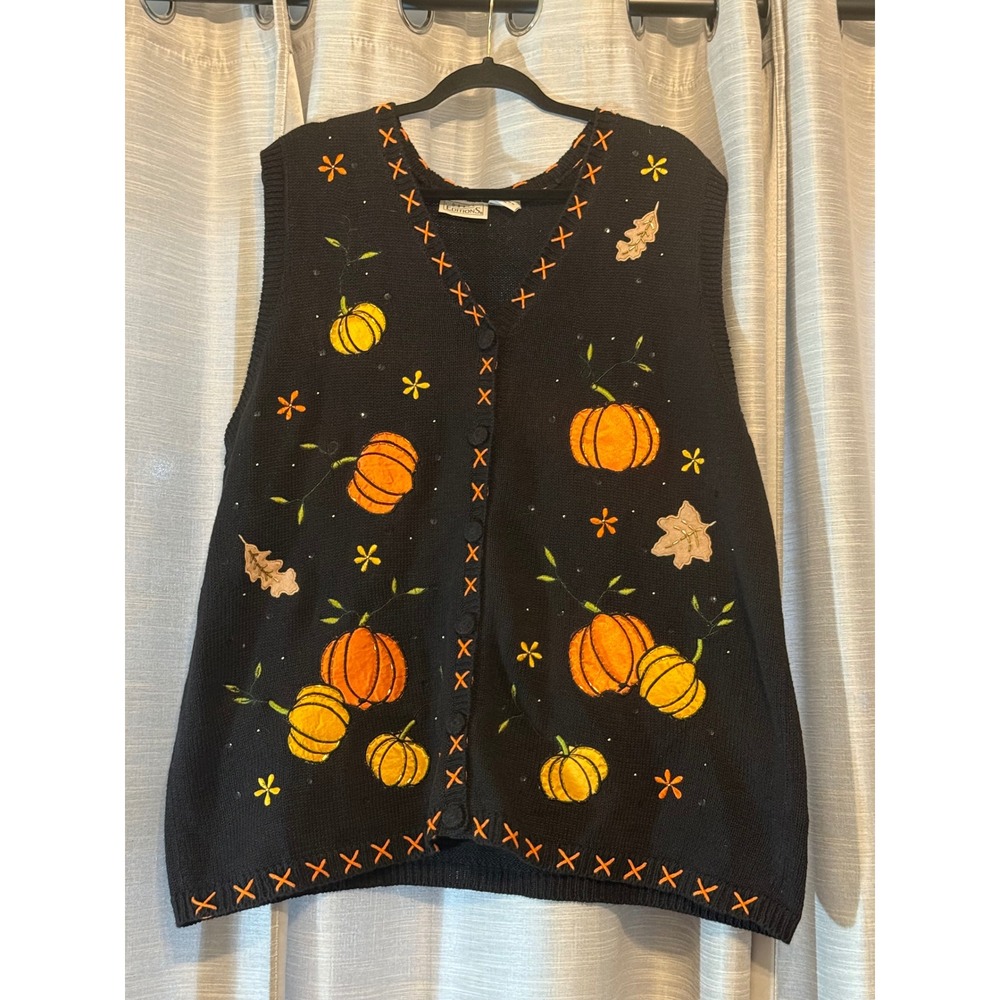 Vintage Basic Editions Sweater Vest Women's 2X Knit Pumpkins Fall Themed Black